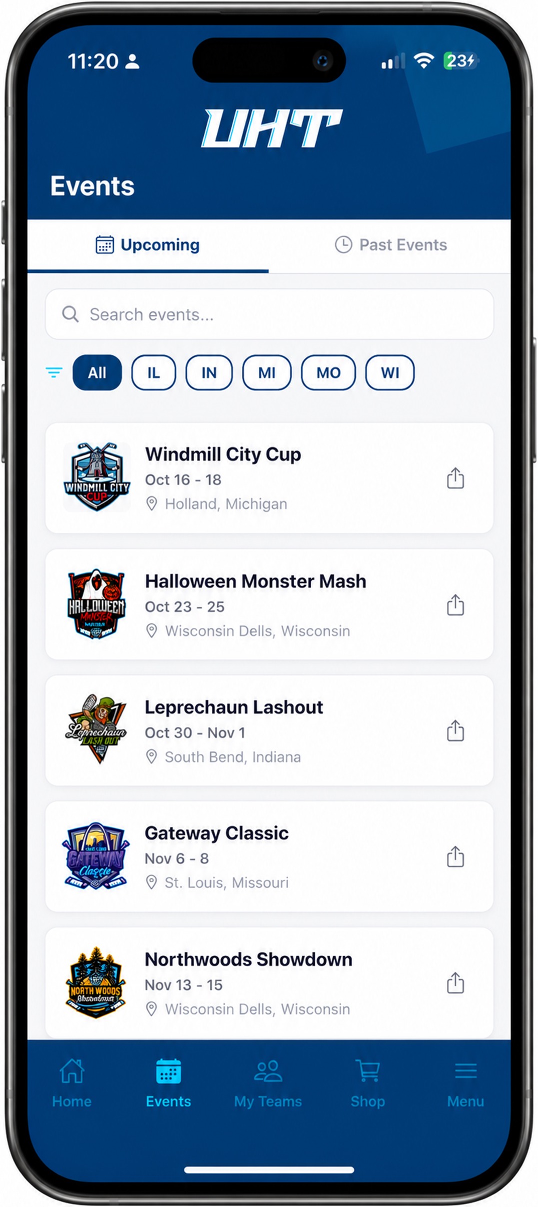 Events — browse upcoming tournaments