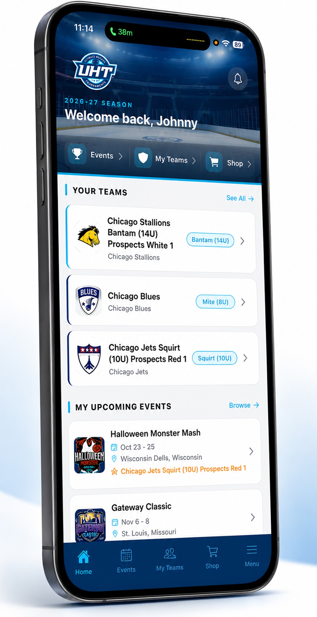 Home — your teams and upcoming events