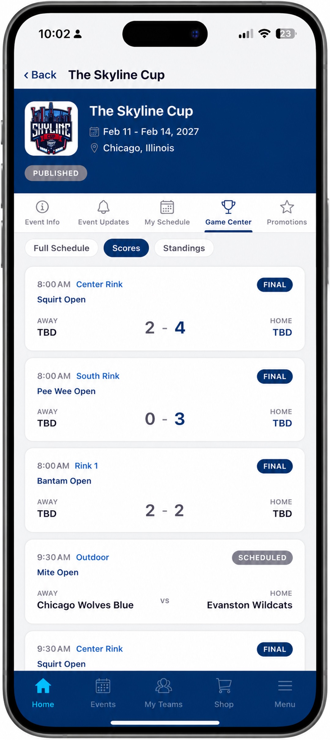 Game Center — live scores and standings